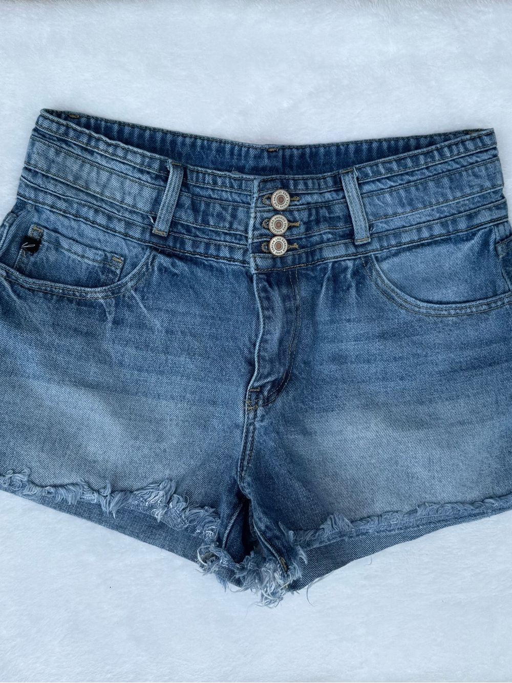 KanCan Triple-Button High-Waist Distressed Jean Shorts - Blue